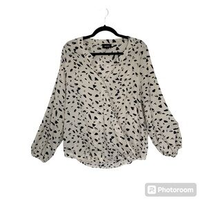 HEYSON Women’s  Faux Wrap Blouse Blk/Ivory Print Collar V-Neck Long Sleeve‎ XL